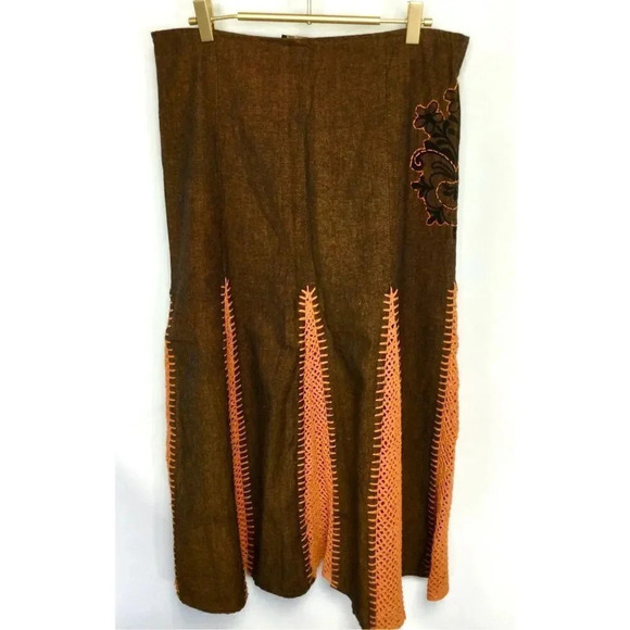 The Collection Royal Womens Large Skirt Brown Orange Crochet Inlays Cotton NWT - Picture 1 of 13